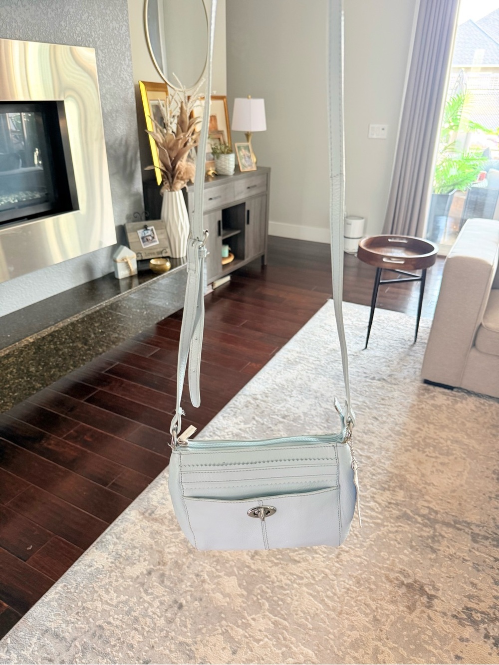 Danier Leather Baby Blue Grained Leather Crossbody Purse